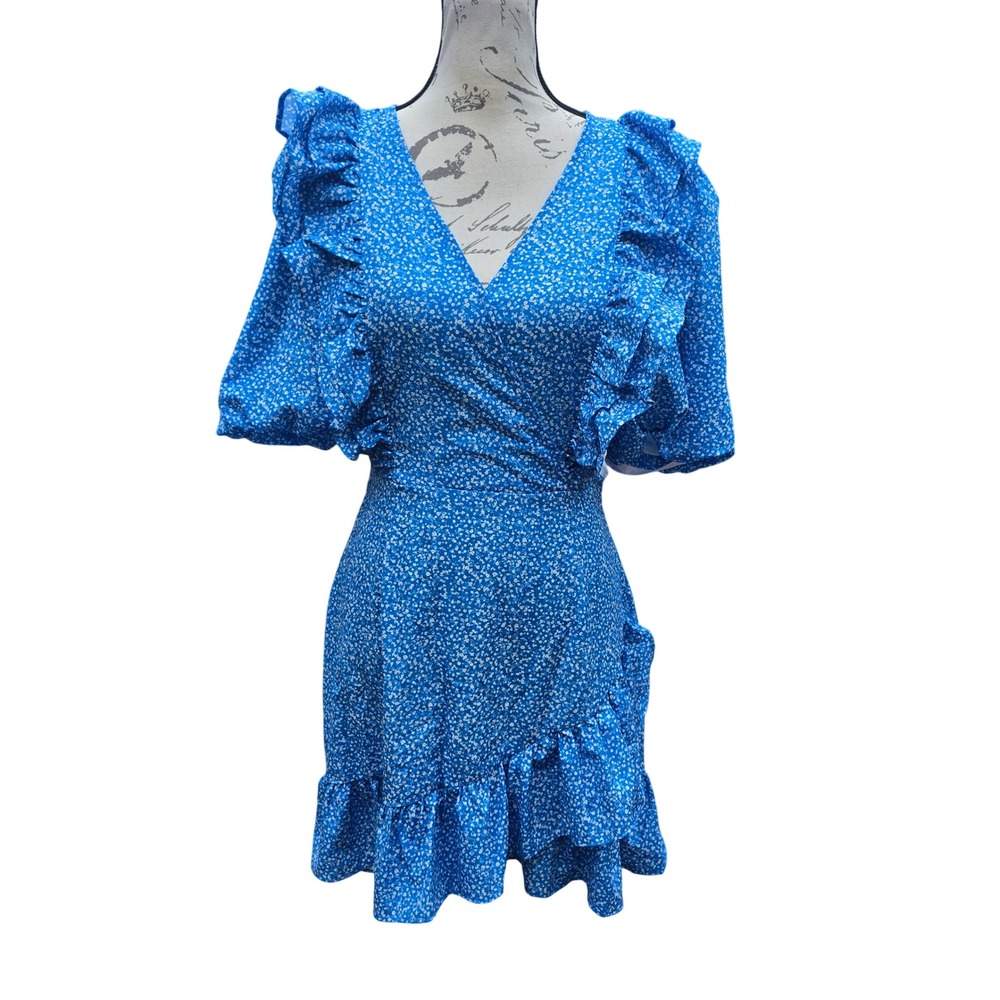 Missguided NWT Blue Floral Ruffle Faux Wrap‎ Mini Dress Puff Sleeve Womens 6